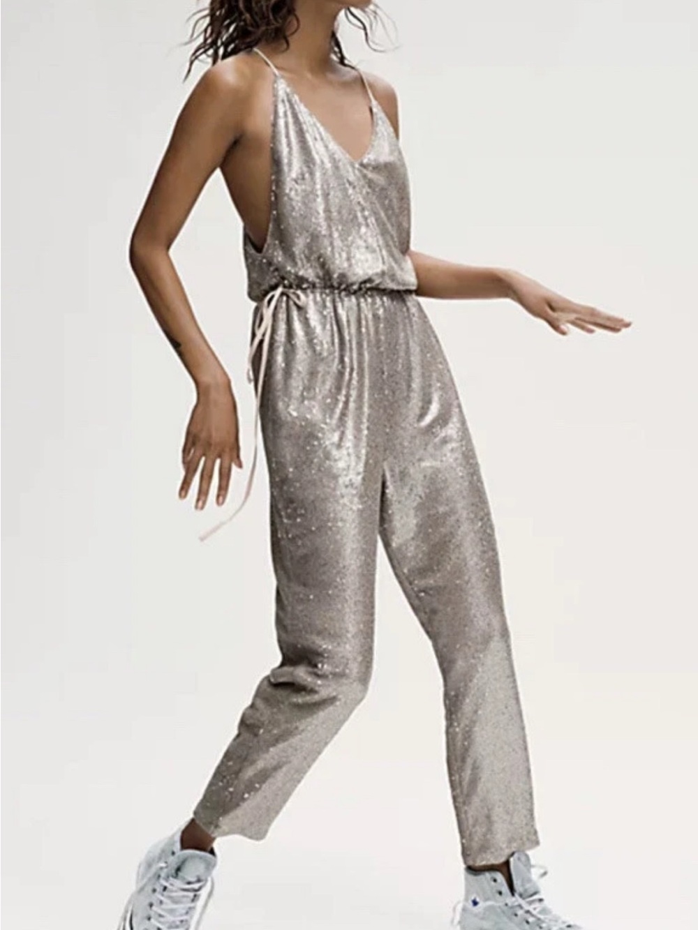 Free People Champagne Silver Sequin XS Jumpsuit